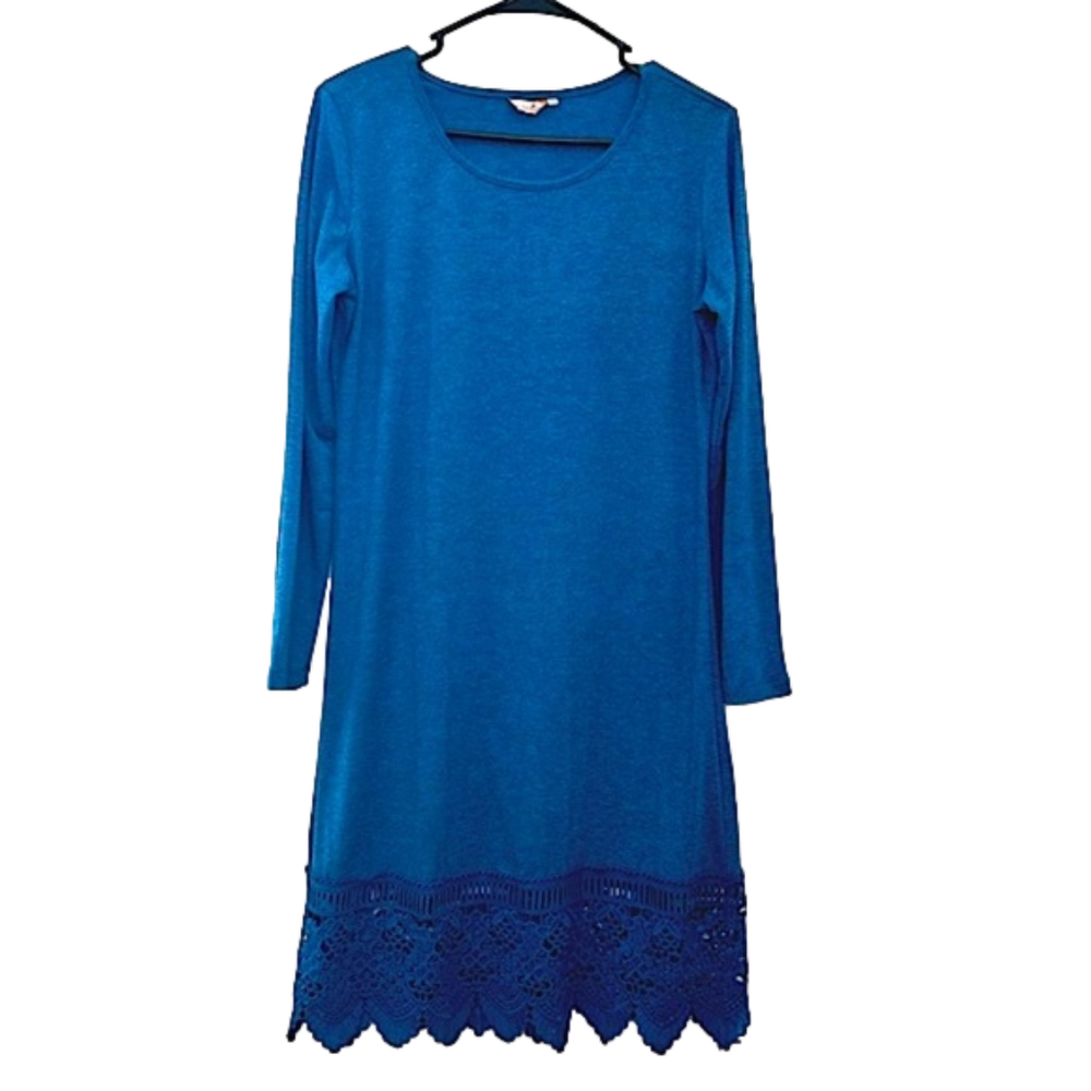 MIYANG Blue A-Line Dress w. Floral Trim